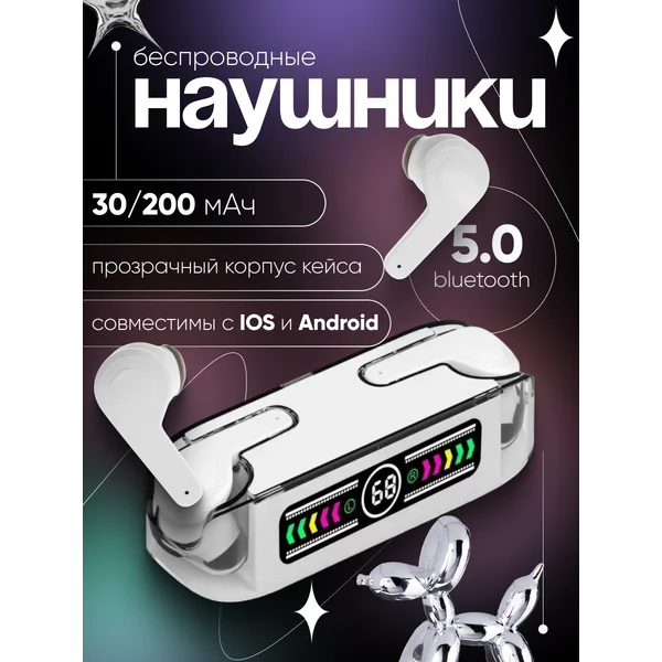 Наушники беспроводные TWS, вкладыши, BT 5.0, прозрачные