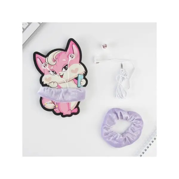 Подарок на день рождения Наушники и резинка для волос на открытке ‘Киса’, модель LN-2, 11,5х17,6см