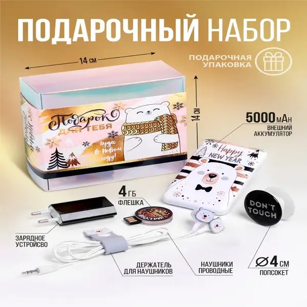 Бокс с электроникой, проводные наушники, повербанк 5000 mAh